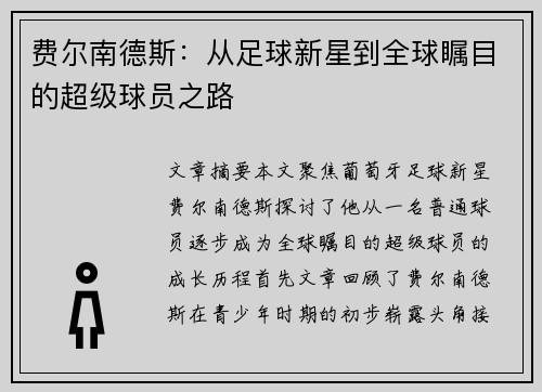 费尔南德斯：从足球新星到全球瞩目的超级球员之路