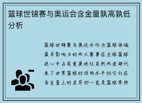 篮球世锦赛与奥运会含金量孰高孰低分析